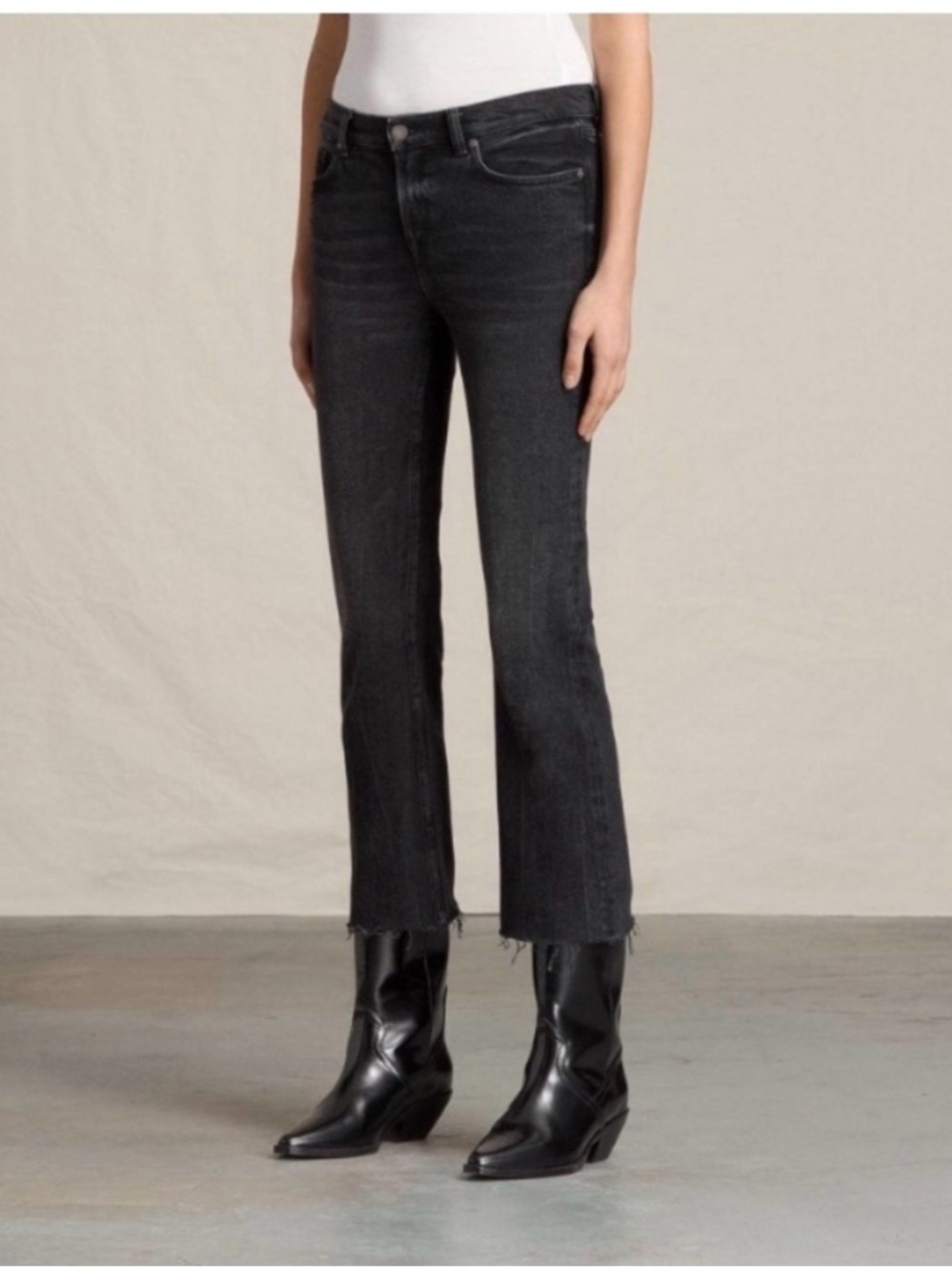 All Saints Black Zoe Cropped Jeans with Frayed Hem